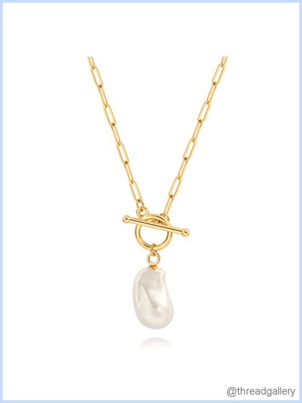 18K Gold Plated Paperclip Chain Necklace Baroque Pearl Pendant Women